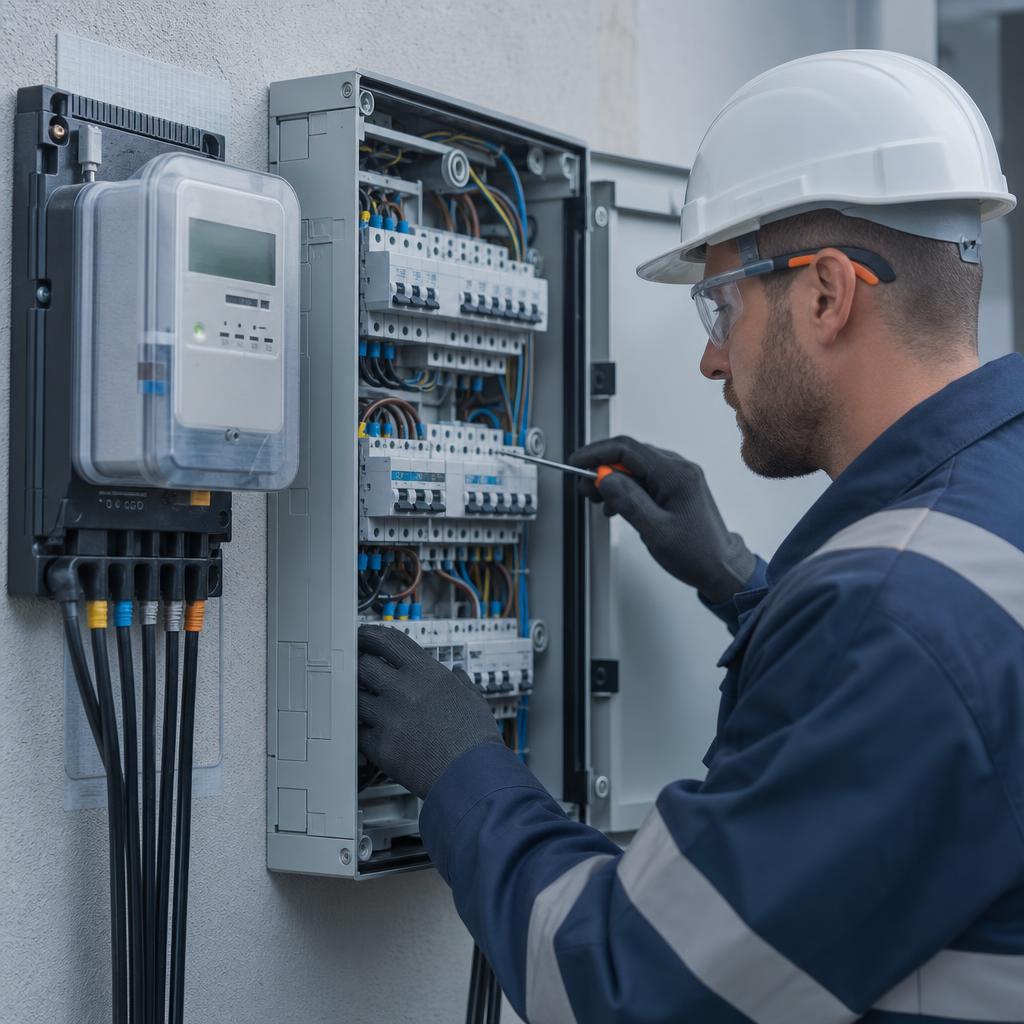 Contatore elettrico domestico con tecnico al lavoro per l'aumento di potenza