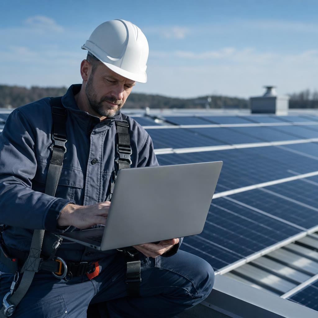 Installatore che completa la pratica di comunicazione ENEA per un impianto fotovoltaico