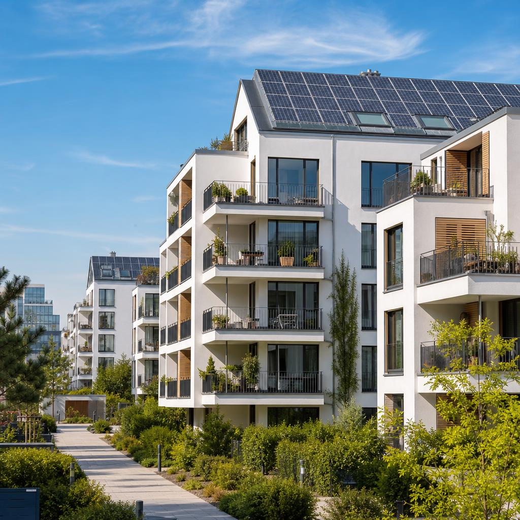 Edificio residenziale con pannelli fotovoltaici conforme alla Direttiva Case Green