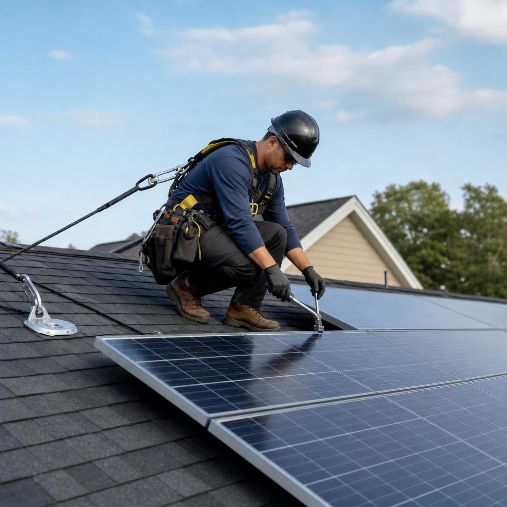 Operatore in sicurezza su una copertura con linea vita durante l'installazione di pannelli fotovoltaici